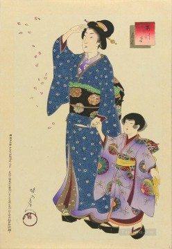  cerezo Obras - Modas del Este Azuma una mujer y un niño viendo caer los cerezos en flor Toyohara Chikanobu